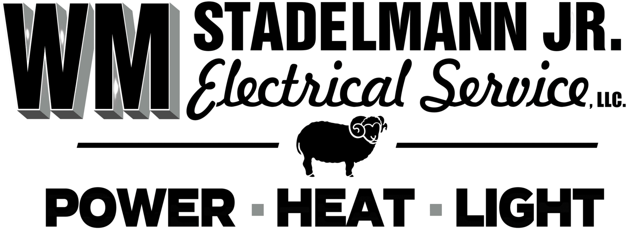 Logo of WM Stadelmann Jr. Electrical Service, LLC with the text "Power • Heat • Light" and an illustration of a ram.